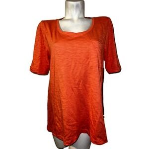 Chico's Orange Slub Knit Pocket T-Shirt Women Sz 2 Large Scoop Neck Short Sleeve